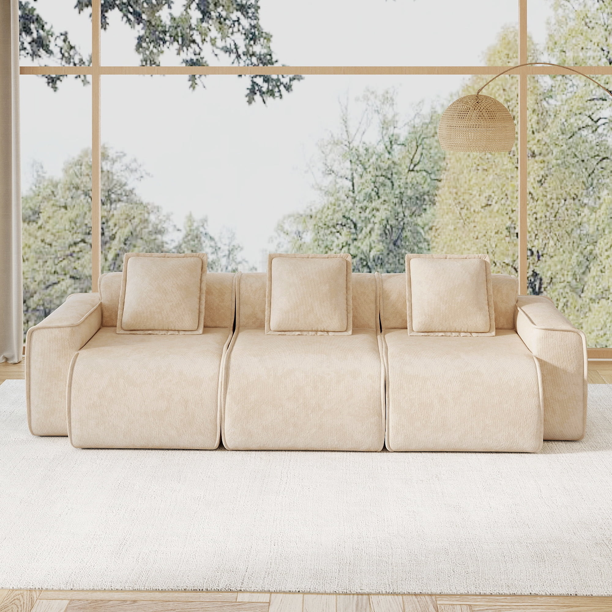 109" 3-Seat Modular U-Shaped Sectional Sofa, Light Camel Velvet with Throw Pillows, No Assembly Required