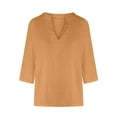 thumbnail image 4 of Wyobmus Womens Linen Summer Shirts Solid Color 3/4 Sleeve Casual Tops Lightweight Comfy Cotton Linen V Neck T-Shirt Blouse A-Orange, 4 of 5