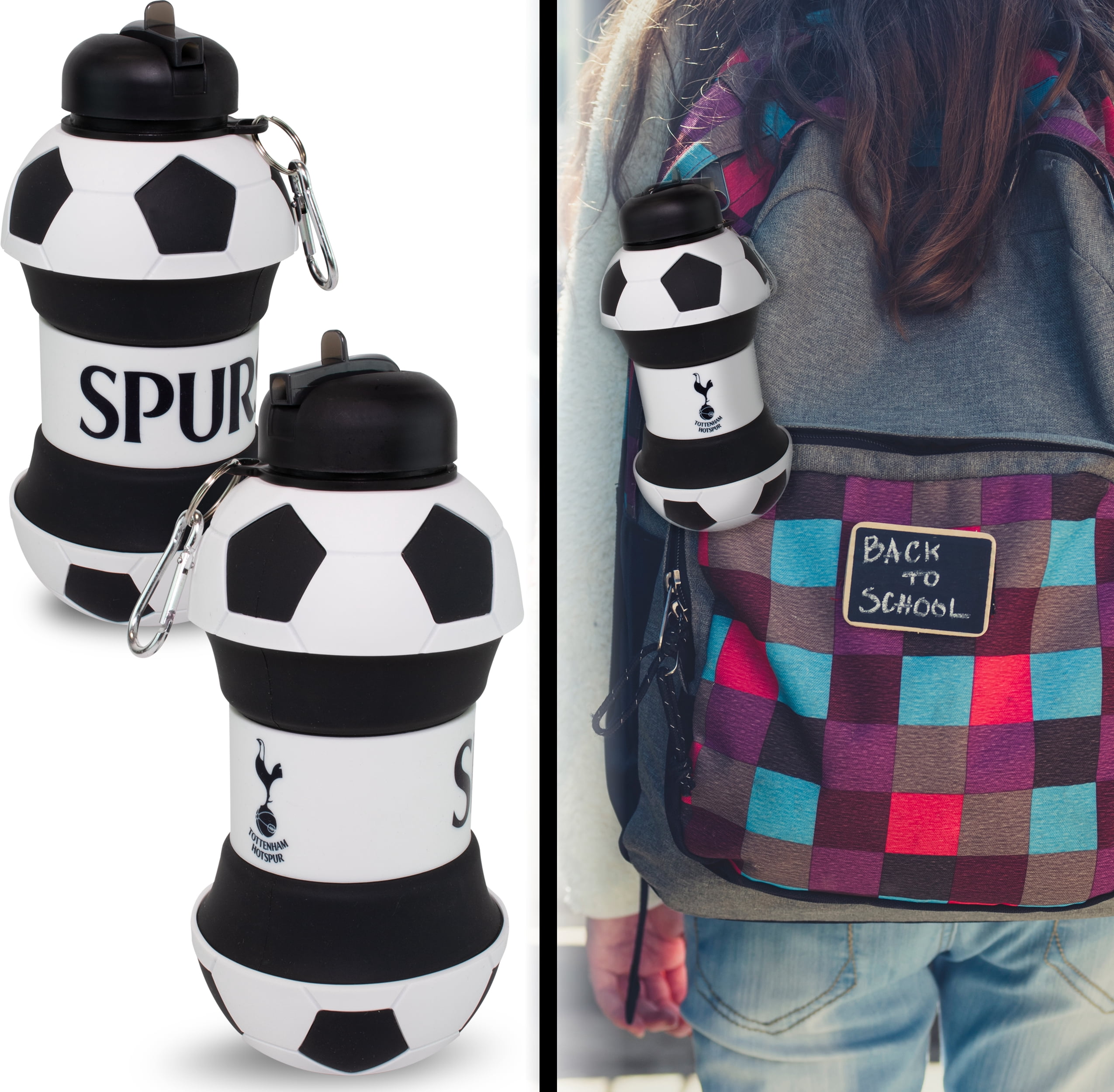 MACCABI ART Tottenham Clip-On Collapsible 1 Liter, 34 oz. size BPA-Free Silicone Soccert Large Water Bottle for Kids