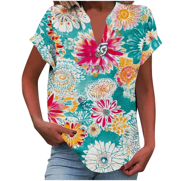Camisetas de Manga Corta para las Mujeres Casual Impreso Botón Casa V-Cuello Camiseta Blusas, Poliéster