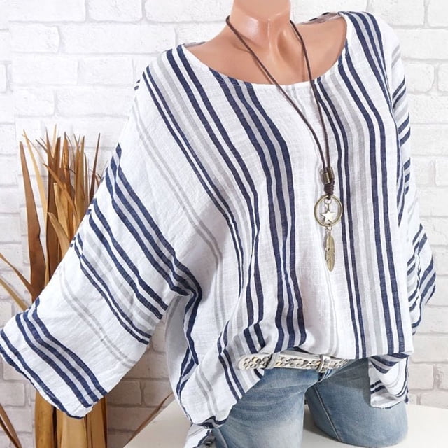 Qiopertar Chemise à Manches Longues Imprimée à Rayures Col Rond Décontractée pour Femmes Grande Taille en Solde Livraison Gratuite à Moins de 5$ jusqu'à 90 % de Réduction