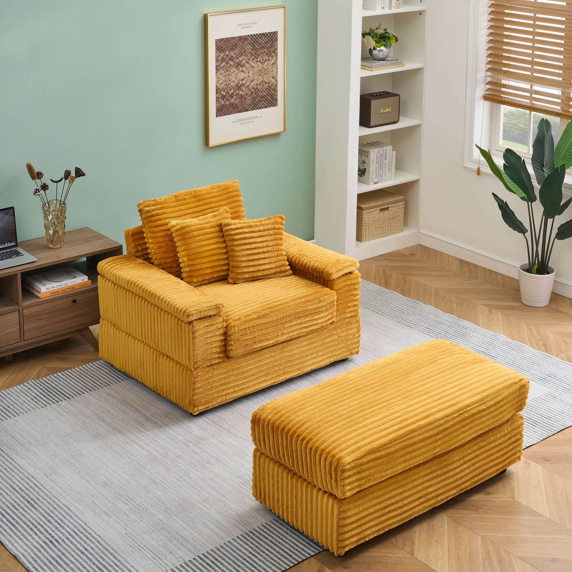 Chaise Lounge Chair Indoor,Upholstered Sofa Bed with Throw Pillows,Sleeper Chair for Living Room,Bedroom,Orange