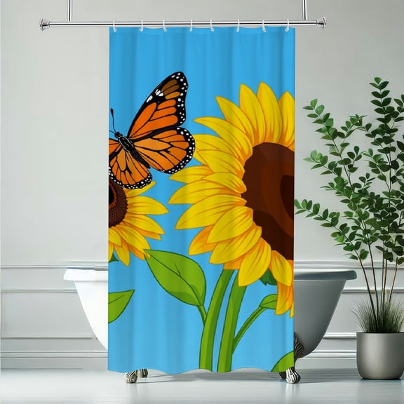 RKSupls Monarch Butterfly on Sunflower Shower Curtain, Valentine's Day Waterproof Shower Curtain with Hooks for Home Bathtub Bathroom Decor Washable Fabric Curtains,90x180cm