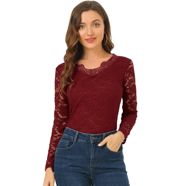 Top de blusa de encaje de manga larga transparente con bordado