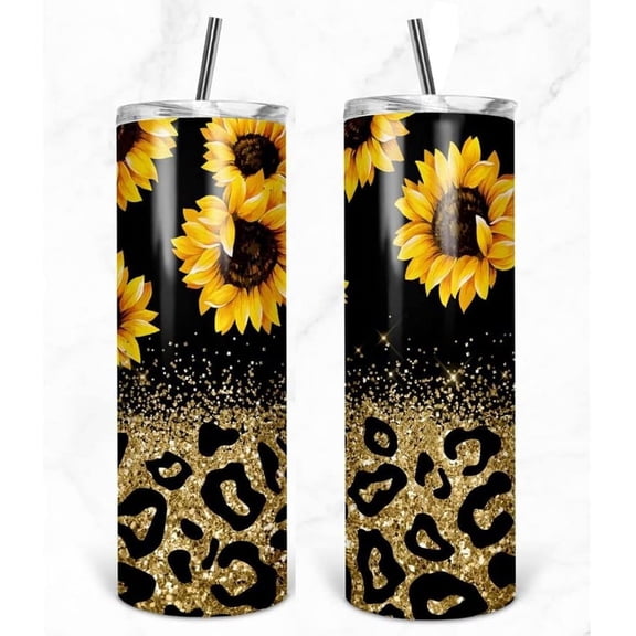 20oz Skinny Tumbler With Lid and Straw，Gifts for Woman，Mom Birthday Gifts，Travel Mug For Friends, Stainless Steel, Double Wall, Vacuum Sealed Travel Mug (Sunflowers Glitter Leopard)