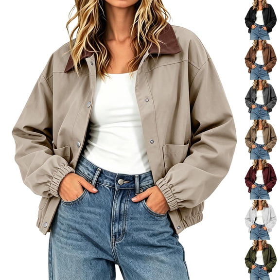 Women's Vintage Contrast Lapel Collar Bomber Jacket Elastic Cuffs Hem Loose Fit Cropped Jacket Fall Winter Casual Cargo Coat with Pocket White