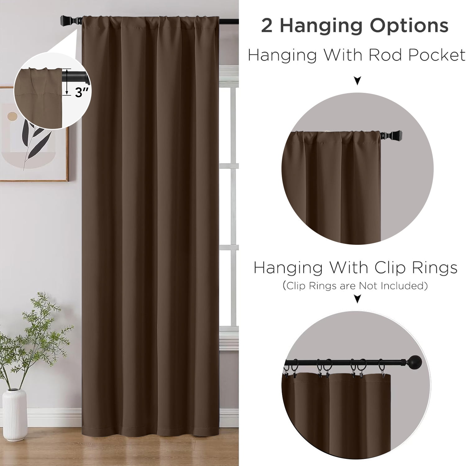 Blackout Curtains, Thermal Insulated Blackout Curtains 42x63 in, Room Darkening Rod Pocket Drapes for Living Room Bedroom, Noise Reduction Window Treatment Panels set of 2,Brown