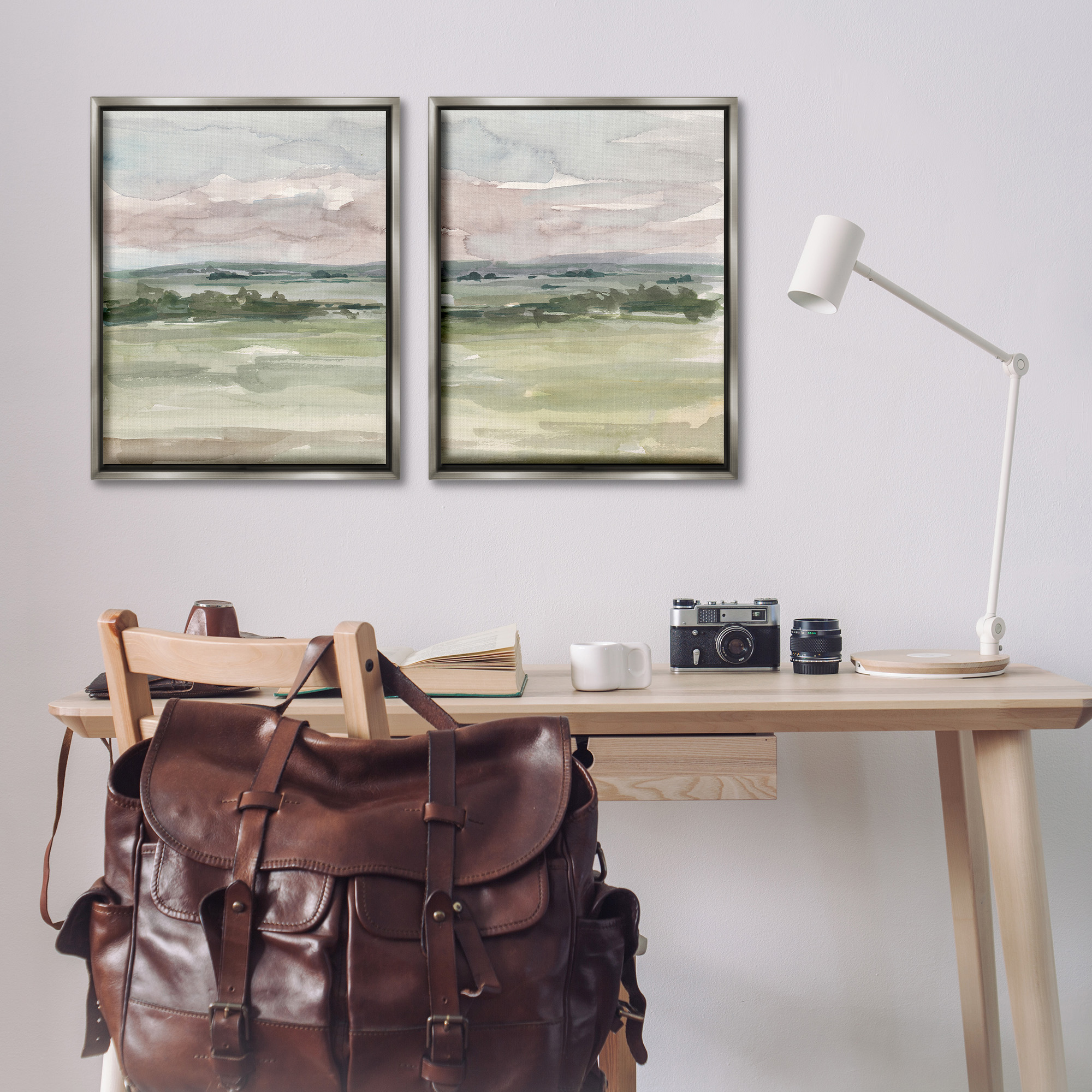 Stupell Industries Rural Landscape Watercolors Landscape Painting Gray Floater Framed Canvas Art Print Wall Art, 25 x 31, Set of 2