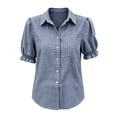 thumbnail image 6 of Admvng Women's Gingham Plaid Shirt Lapel V Neck Puff Ruffle Short Sleeve Chest Pocket Button Down Casual Blouse Tops, 6 of 6