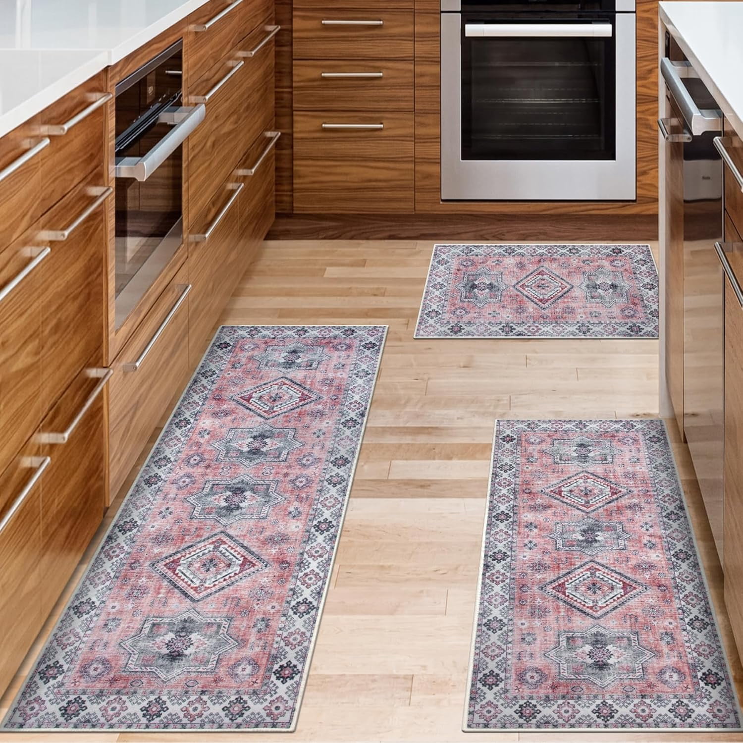 Kitchen Rugs Sets of 3 Non Slip Washable Kitchen Mats for Floor 3 Piece Set Pink Kitchen Mat Set Boho Runner Rug Carpets for Kitchen Hallway Sink Front Door Laundry Room