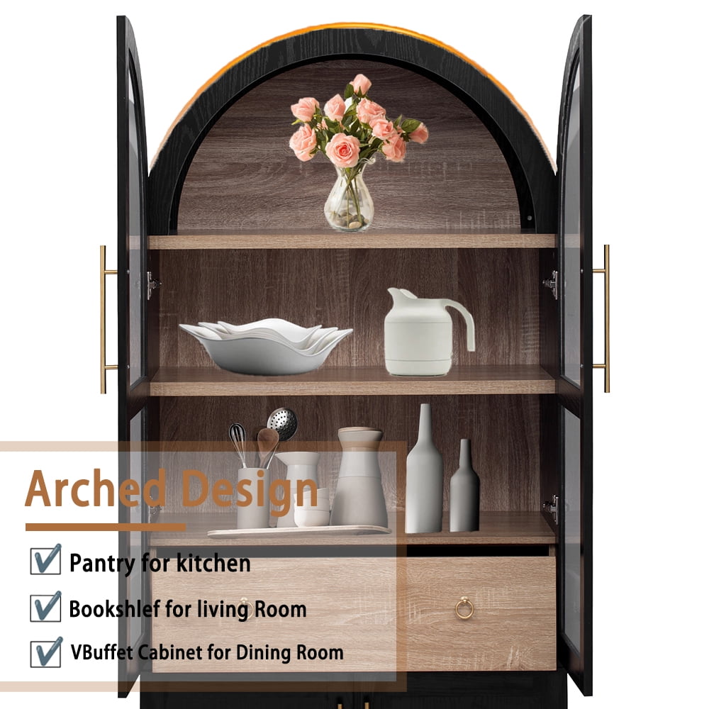 MIDOQIN 71" Tall Arched Kitchen Pantry Cabinet, Farmhouse Storage Cabinets with Adjustable Shelves, Hidden Drawer & Glass Door, Versatile Cupboard
