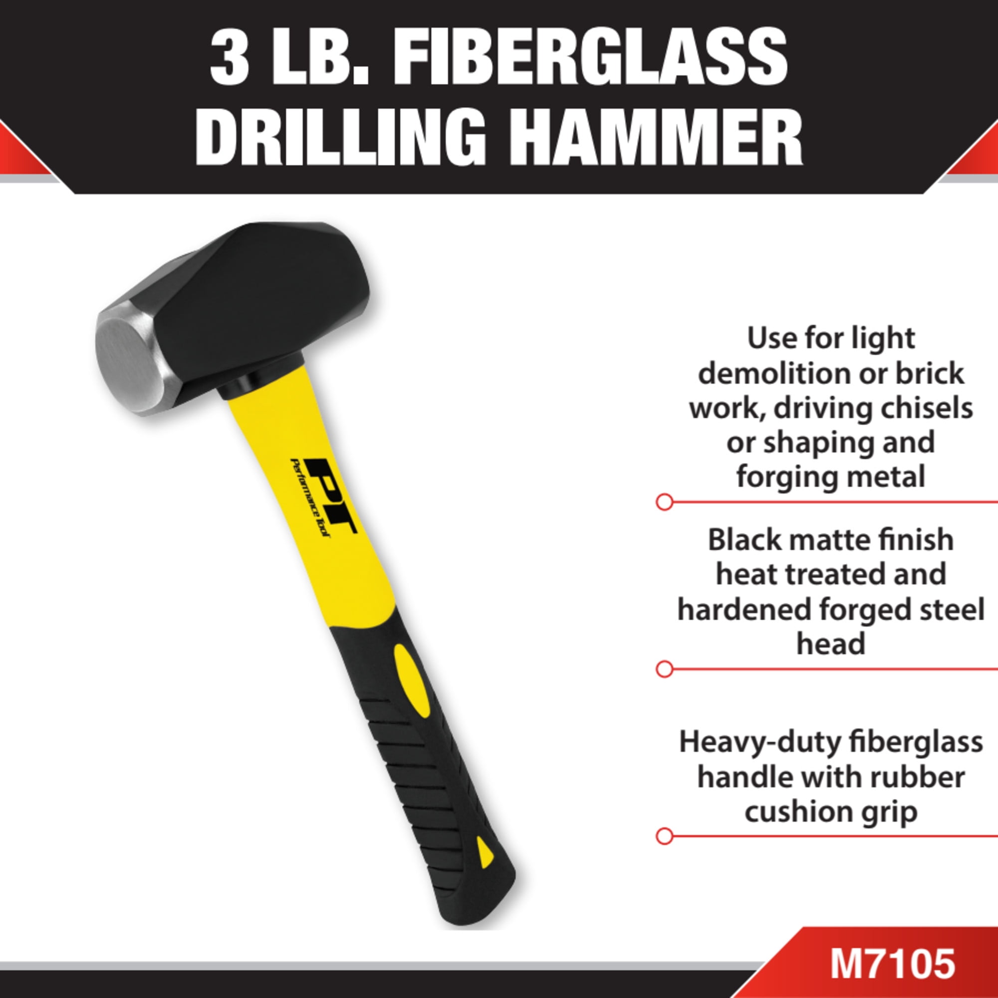 Performance Tool M7105 Heavy Duty Fiberglass Handle Hammer with Anti-Shock Rubber Cushion Grip and Mirror Polished Striking Face, 11-Inch Handle