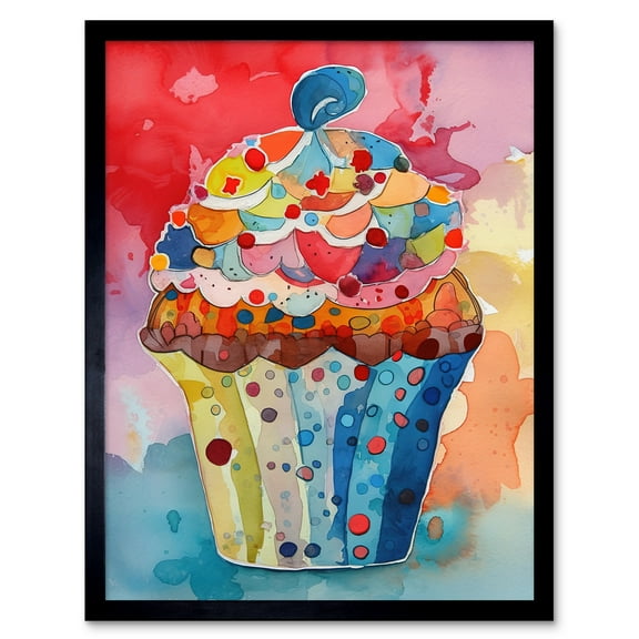Cupcake With Sprinkles Watercolour Painting Art Print Framed Poster Wall Decor 12x16 inch