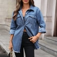 thumbnail image 6 of Jerdar Women's Oversized Denim Shirt Jacket Long Sleeve Button Down Jean Shacket with Frayed Hem for Fall Casual Daily Wear L, 6 of 7