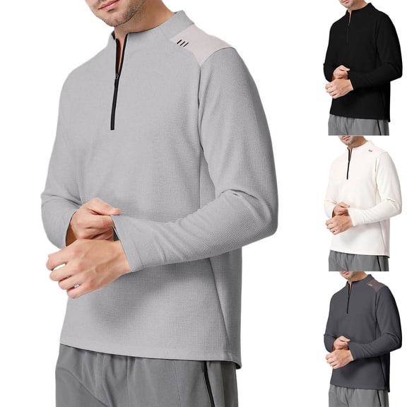 UVEASISHA Quarter Zip Workout Shirts for Men Waffle Knit Long Sleeve Hiking Shirt Stand Collar Casual Quick Dry T-Shirts Solid Color Pullover Tops Black 3XL