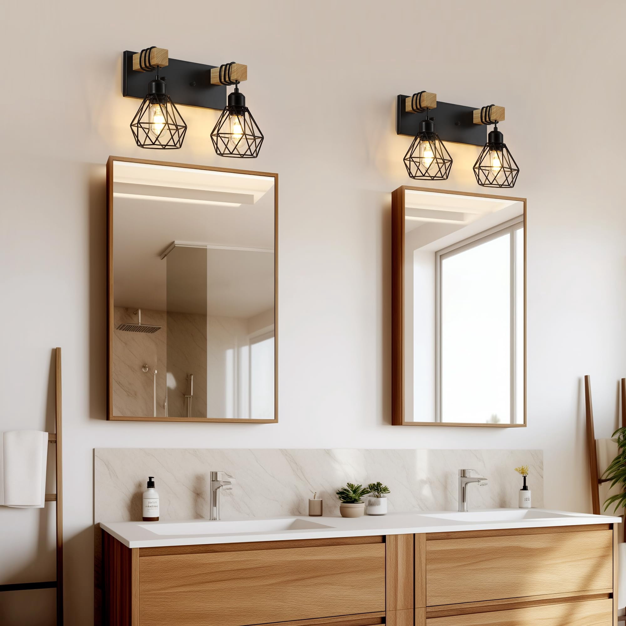 2-Light Black Vanity Light Wood Fixture Rustic Wall Lighting for Bathroom Bedroom Hallway
