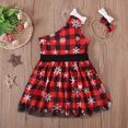 thumbnail image 5 of Odeerbi Infant Girls Christmas Plaid One Shoulder Dresses Cute Tulle Patchwork Irregular Hem Dress Kids Sleeveless Lattice Print Dress with Headband Suit Infant Girls Clothes, 5 of 9