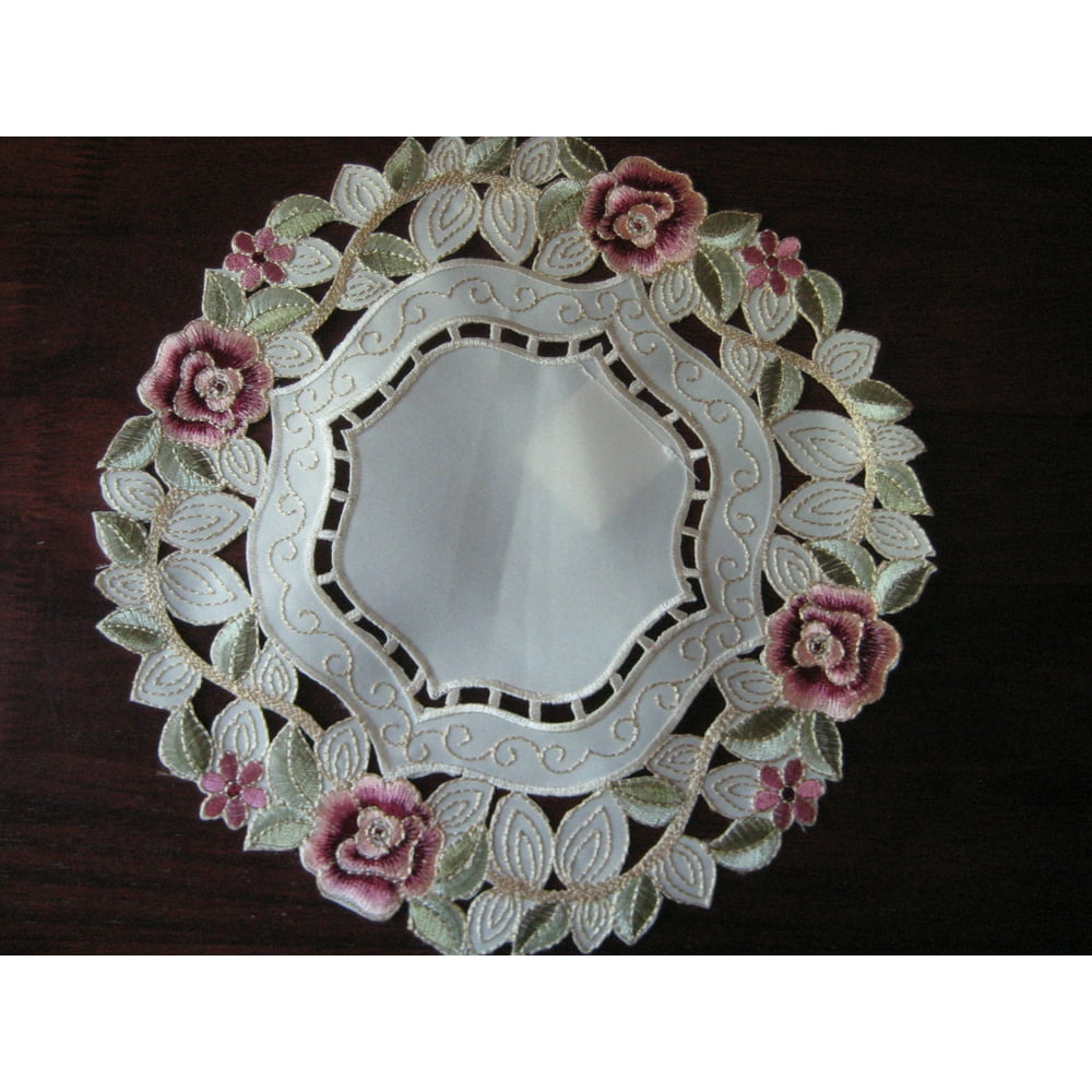Two of Fabric Doily round Rose flower embroidered lace cutwork 11