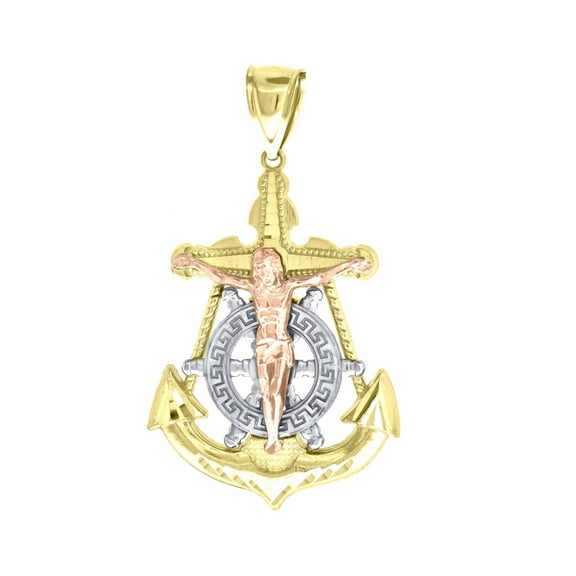 10k 10Kt Gold Tri-Color Diamond-Cut Mens Anchor Cross Crucifix Religious Charm Pendant