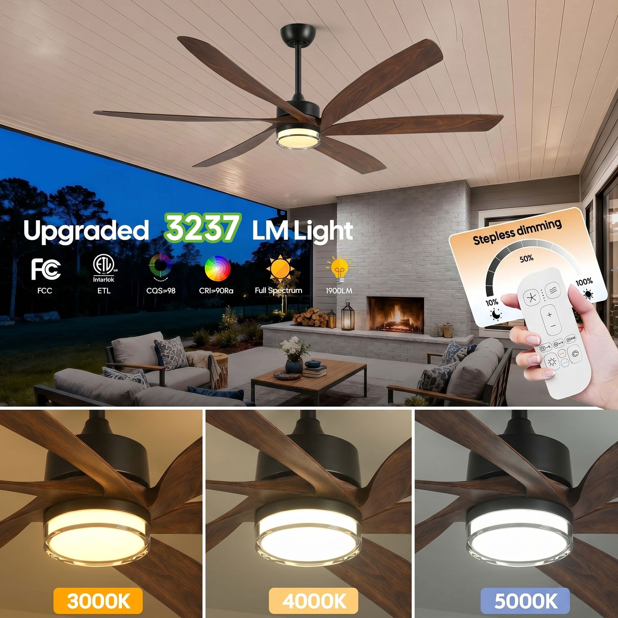 64 inch Farmhouse Ceiling Fans with Light and Remote, 6 ABS Blades Damp Rated Outdoor Patios Fan Works with Alexa Tuya App, Dula-Layer Lampshade
