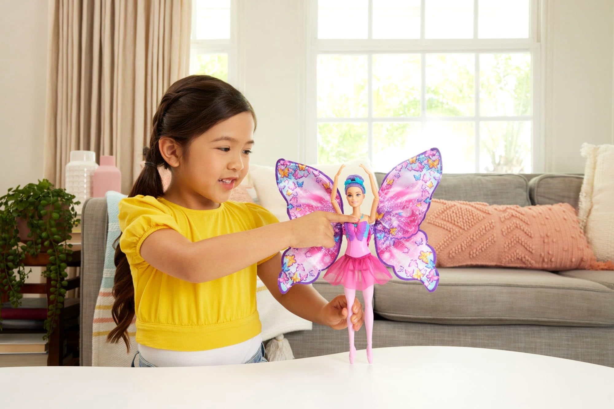 Barbie Dance and Flutter Doll with 2-in-1 Transformation from Dancer to Butterfly with Opening Wings, Purple Hair, Headpiece & Removable Tutu
