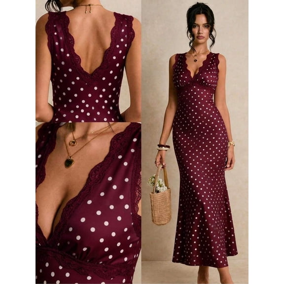 Women's Elegant Polka Dot Long Dress, Sleeveless V-Neck Lace Hem Maxi Dress