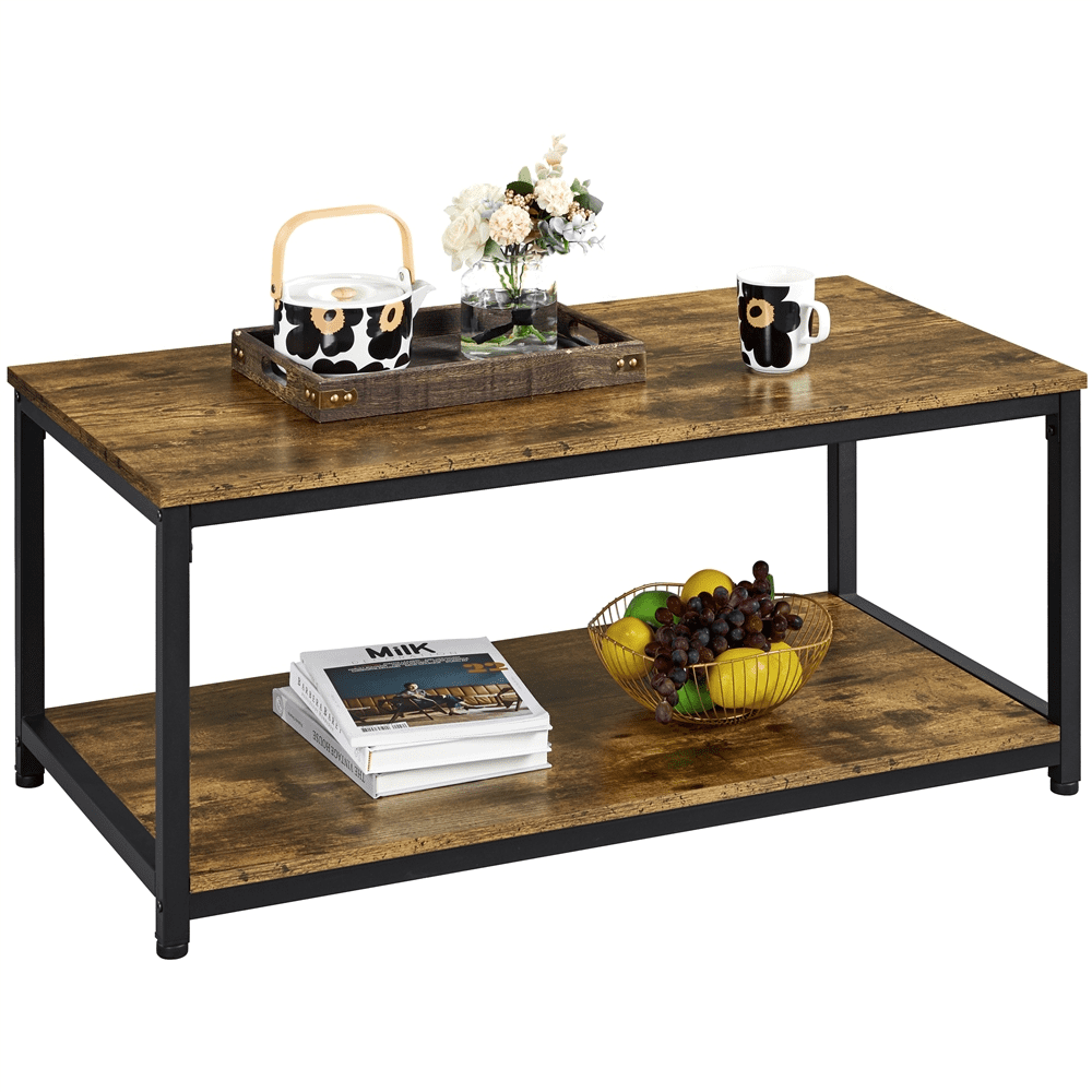 Topeakmart Industrial Wooden Coffee Table Accent Table with Storage Shelf Rustic Brown