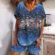 thumbnail image 2 of Conjunto de pantalones cortos de manga corta con estampado de cuello redondo para mujer, traje deportivo informal de verano de 2 piezas Wmkox8yi bvn1339, 2 of 7