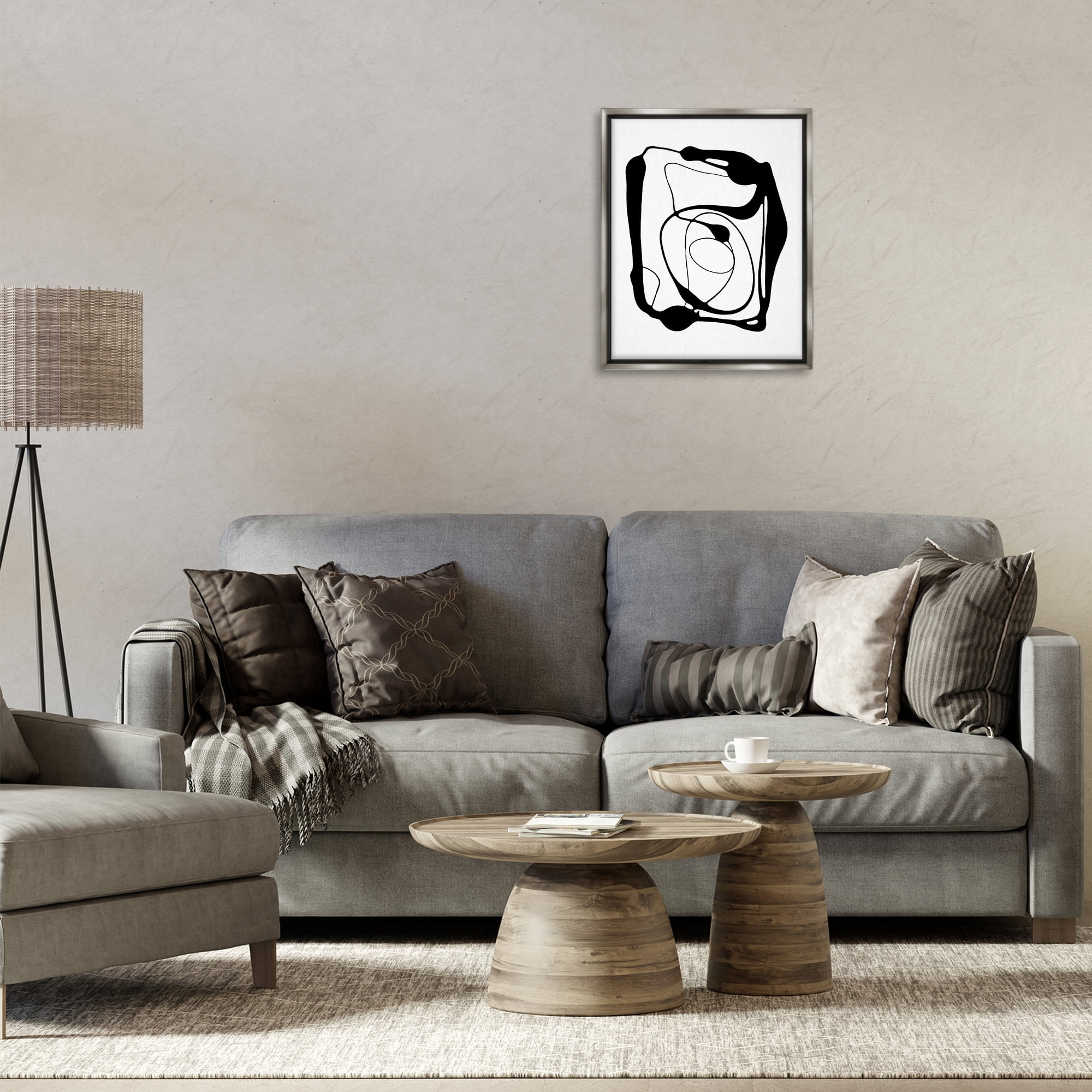 Stupell Industries Black Swirled Figure Abstract Painting Gray Floater Framed Canvas Art Print Wall Art, 17 x 21