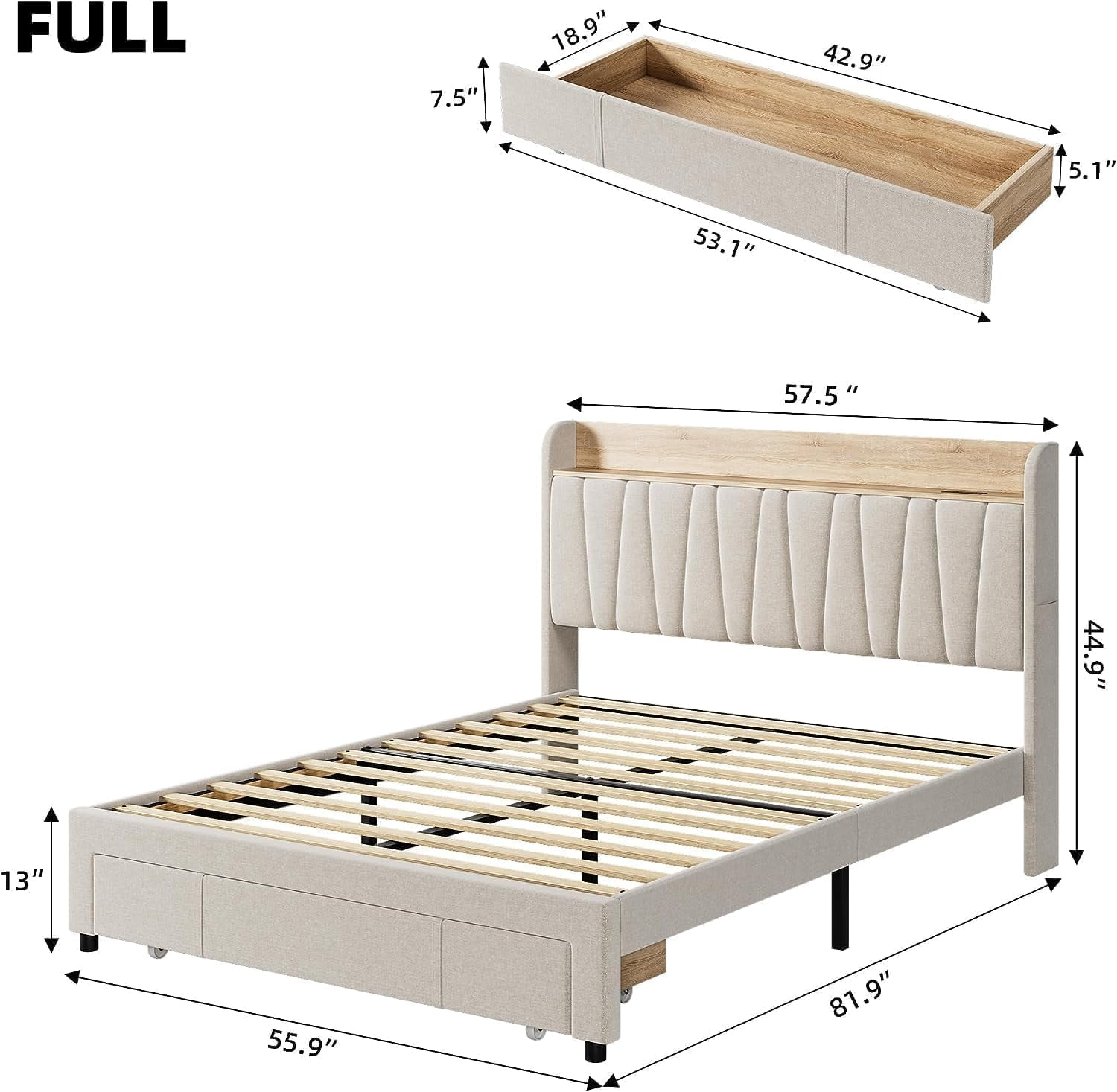 Hetoy Full Size Bed Frame with Drawer, Upholstered Platform Bed Frame with Storage Headboard and Charging Station, Mattress Foundation with Solid Wooden Slats Support, No Box Spring Needed, Beige