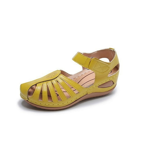 

KBODIU Women s Athletic Hiking Sandals Walking Sandals with Arch Support Wadable Water Sandals Soft Leather Closed Toe Vintage Anti-Slip Sandals for Beach/Cruise/Travel Yellow 36
