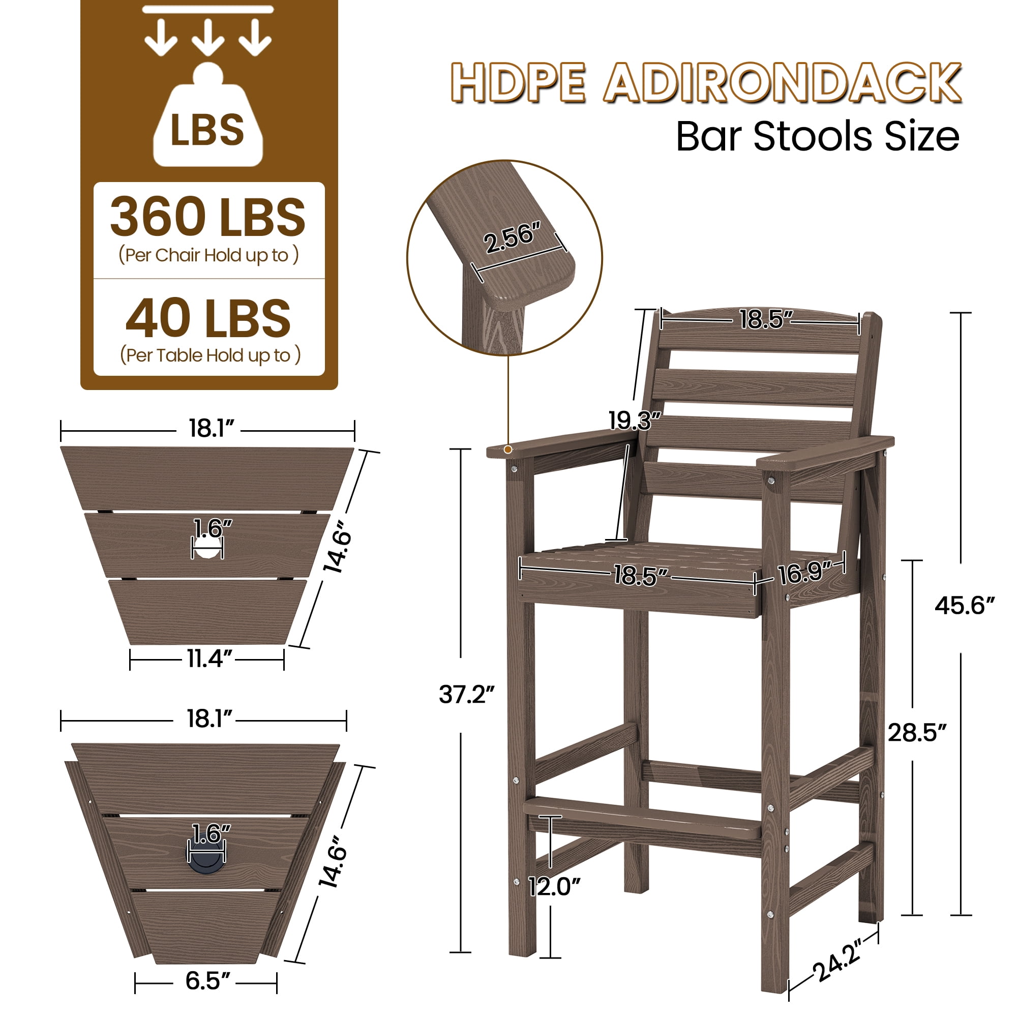 SERWALL Tall Adirondack Chairs Set of 2 with Connecting Table,  HDPE Adirondack Outdoor Barstools, Brown