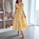 thumbnail image 5 of Vestido Midi Informal de Verano para Mujer, con Mangas , Escote en V, Fruncido y Volantes Escalonados. Amarillo L, 5 of 7