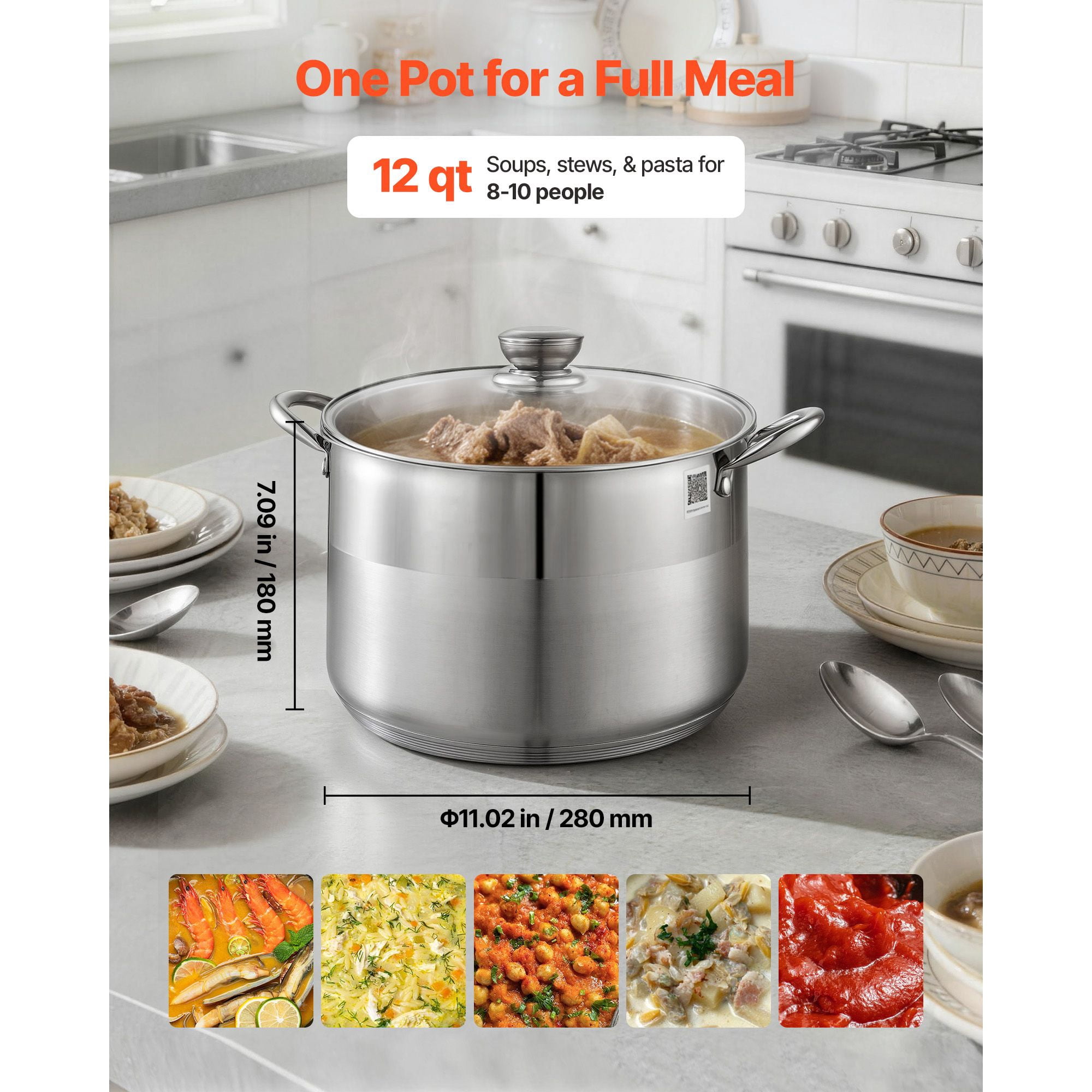 12-Quart Stainless Steel Stock Pot with Glass Lid, 304 Stainless Steel, Multi-Layer Base, Induction Compatible, for Soups Stews Pasta