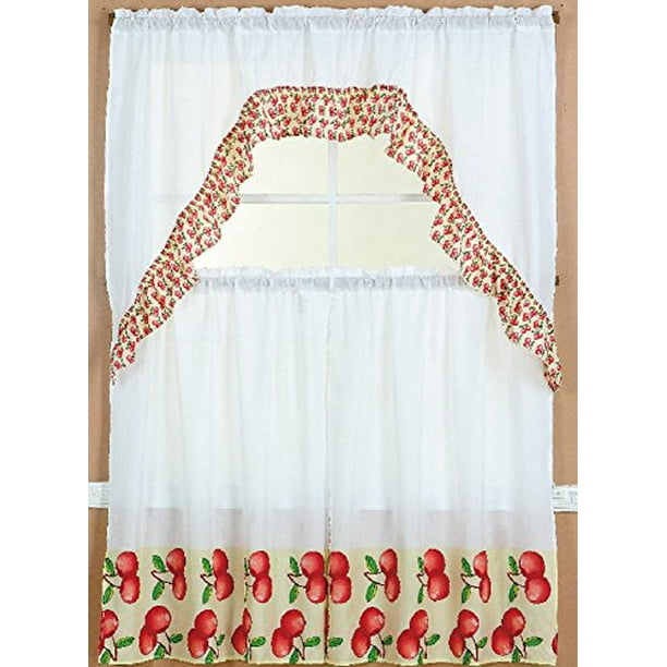 3 Piece Kitchen Curtain Set 2 Tiers And 1 Valance Apple Walmart Com Walmart Com