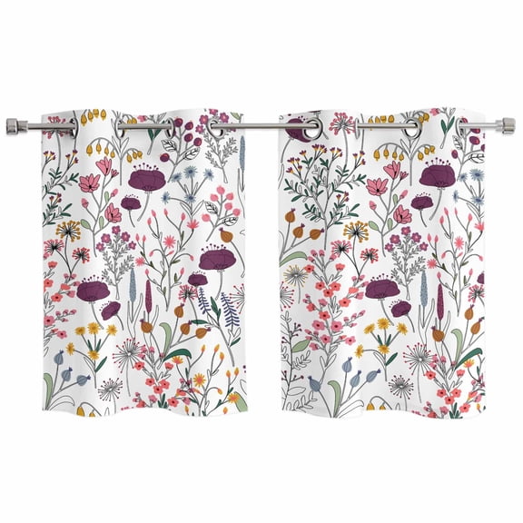 Purple Spring Floral Kitchen Curtains Small Short 39 Inch Length, Vintage Botanical Colorful Elegant Grommet Bedroom Living Room Curtains, Light Filtering Cafe Curtain Drapes 2 Panels Set 55''x39''