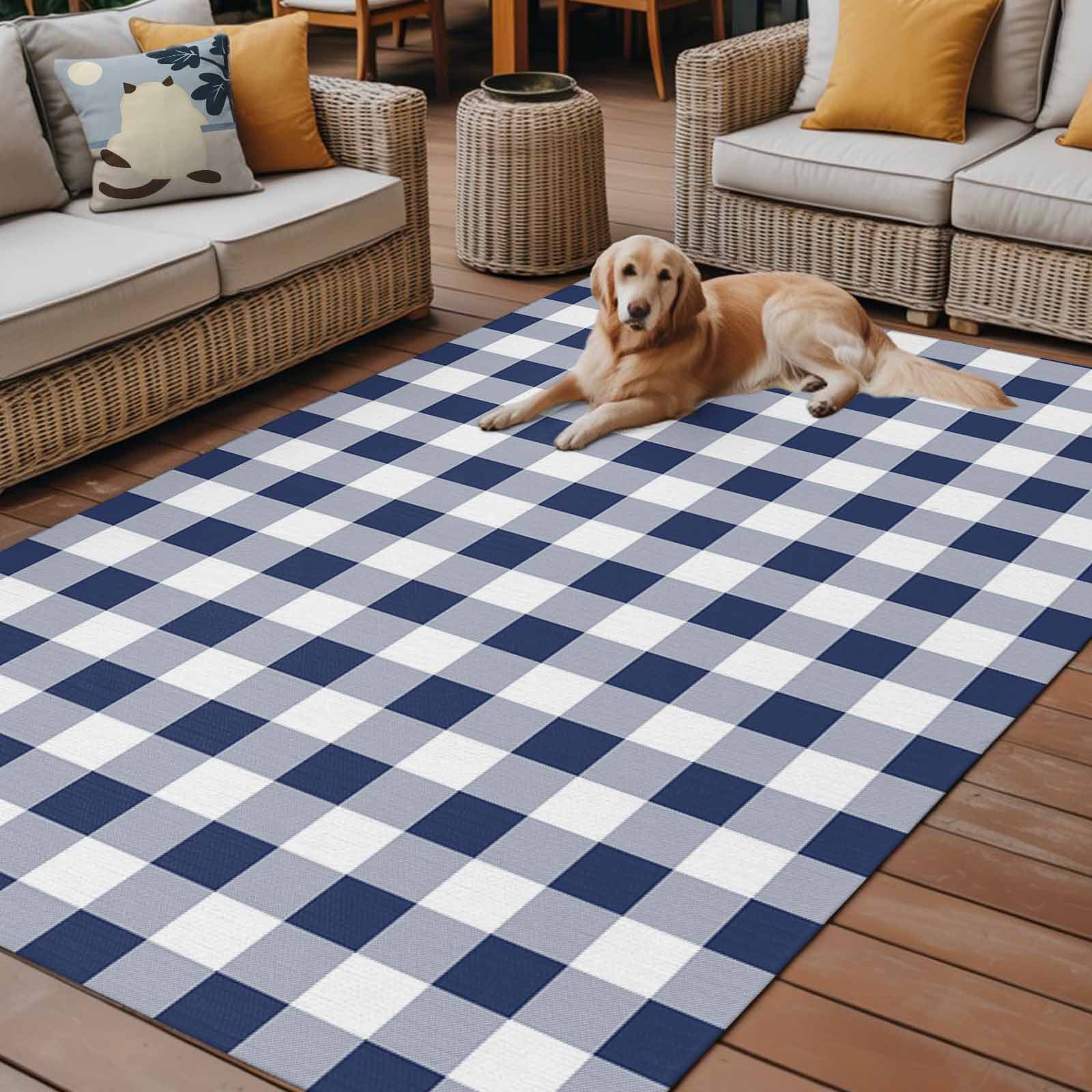 Outdoor Rug 3x5 ft Navy Blue White Plaid Waterproof Outdoor Patio Rug Mat Non Slip Outside Area Rugs Carpet for RV,Camping,Porch,Deck,Pool,Balconybackyard,Rustic Vintage Checkered