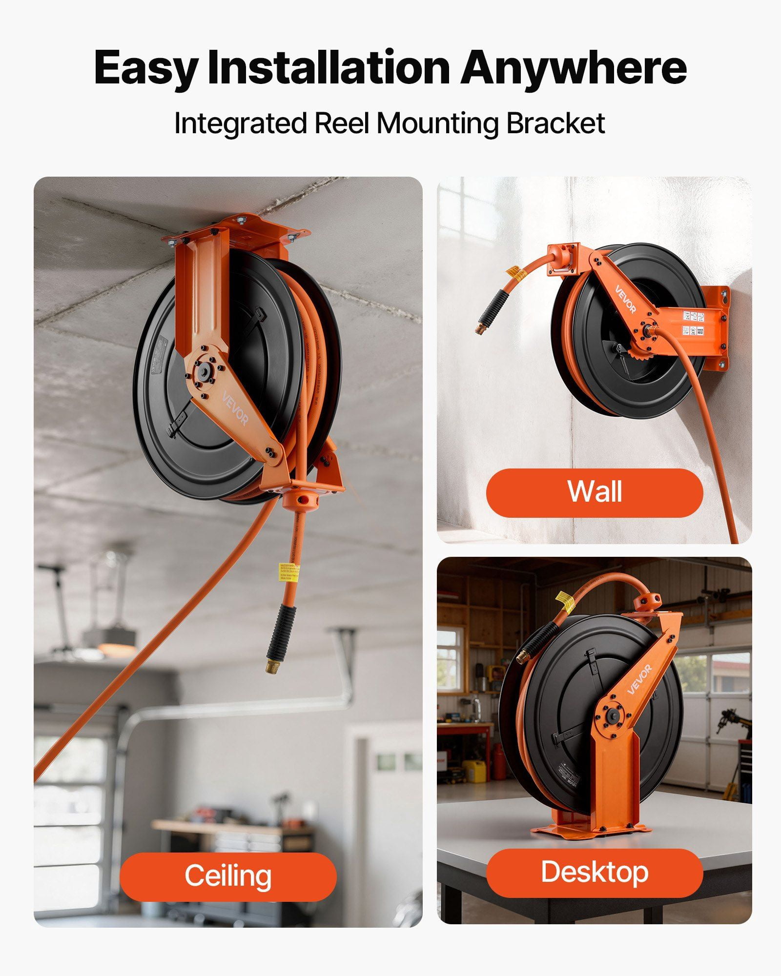 Chateauy Retractable Air Hose Reel, 1/2" x 50FT Rubber Hose 300PSI, 5FT Lead-in Heavy Duty Double Arm Steel Reel