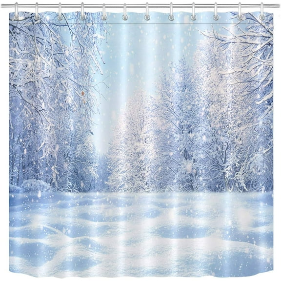Winter Snowflake Shower Curtain Forest Tree Snow Shower Curtain Set with 12 Hooks,72x72 inch Waterproof Polyester Fabric