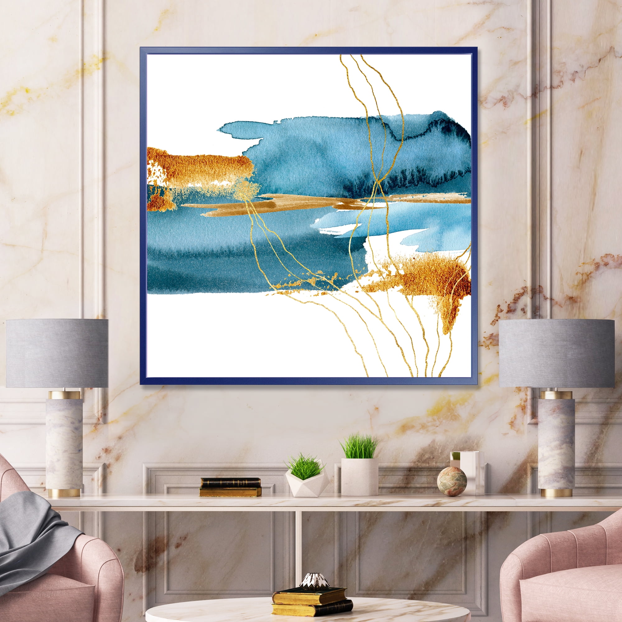 Designart 'Golden Laminaria Branch With Blue Underwater Plant' Modern Framed Canvas Wall Art Print