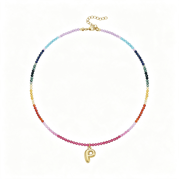 TUWAFE Beaded Initial Necklace,14K Gold Plated Bubble Letter Pendant|Colorful Beads Gemstone Choker,Alphabet Necklaces,Cute Rainbow Summer Beach Chain,Trendy Jewelry Gifts for Women
