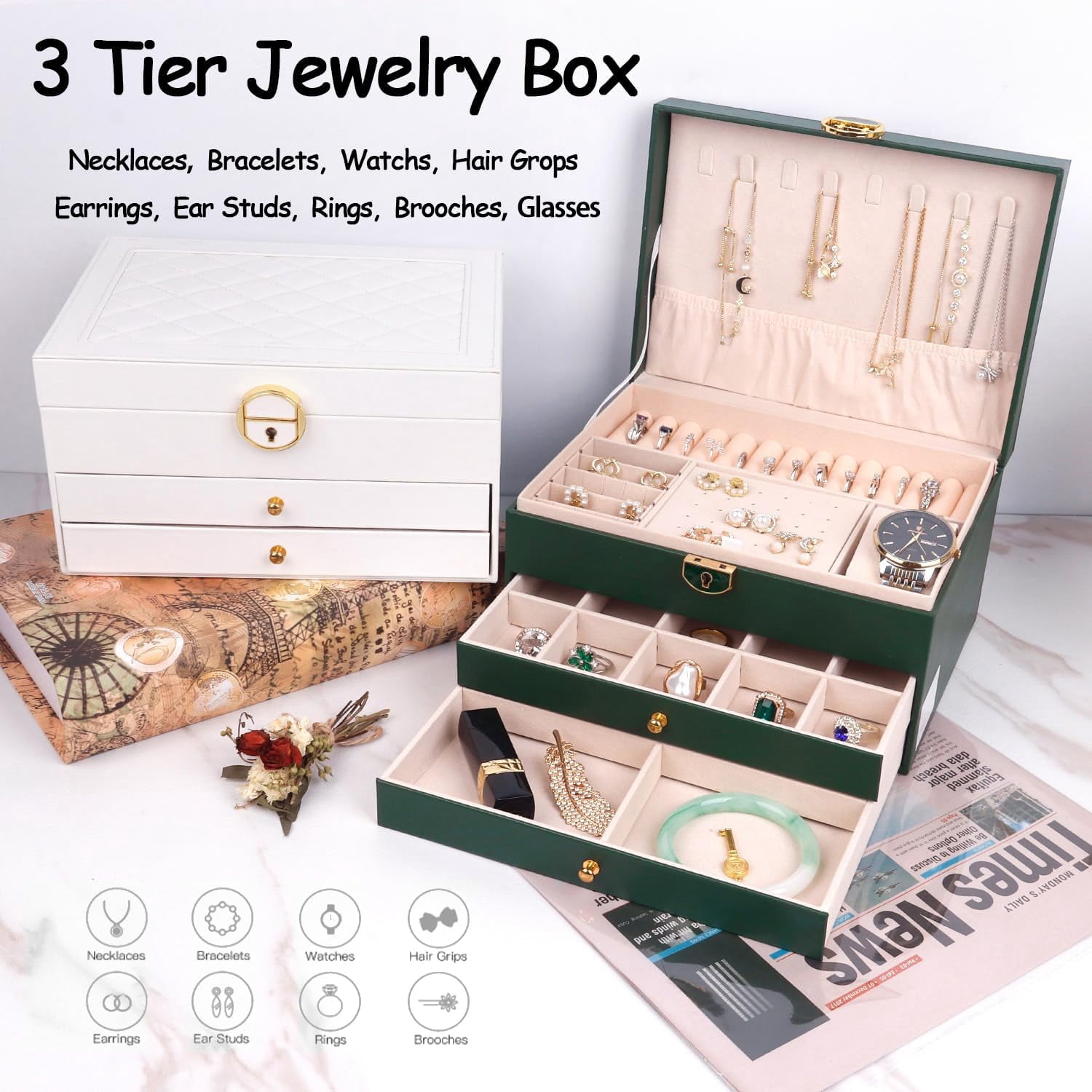 Jewelry Organizer -& Multiple Compartments - Premium Jewelry Storage for Necklaces, Rings, Bracelets - Nice Christmas Gift for Women, Men