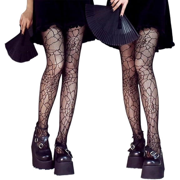 Women's Black Spider Web Fishnet Tights 2 Pairs, Halloween Costume Sexy Sheer Cobweb Pantyhose for Girls