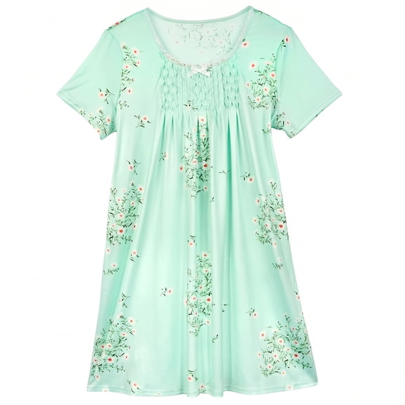 Dakimoe Nightgowns for Women-Night Dress with Lace Trim Pleated Sleepshirt Casual Print Sleepshirt