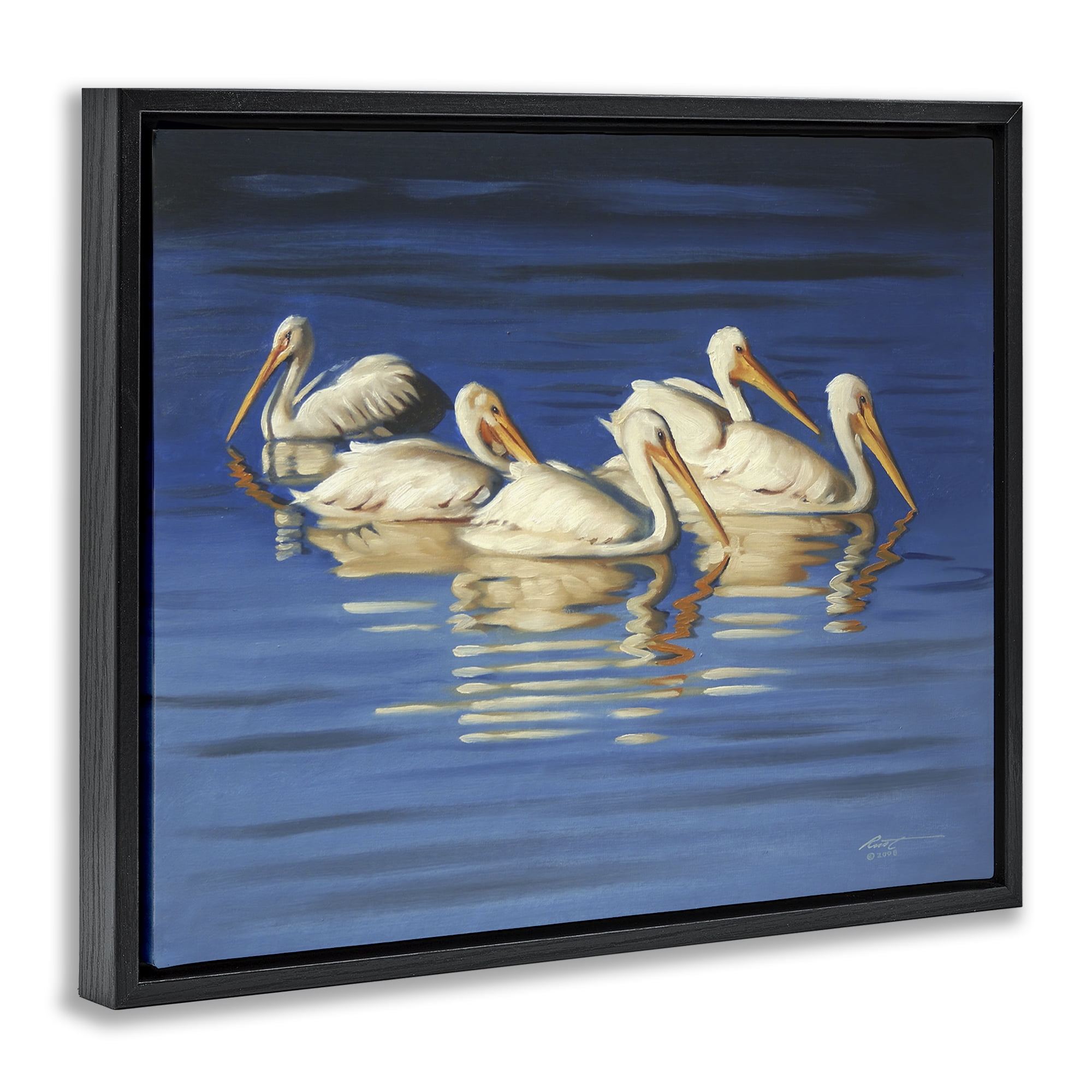 Stupell Industries Pelican Flock Lake Ripples Animals & Insects Painting Black Floater Framed Canvas Art Print Wall Art, 31 x 25