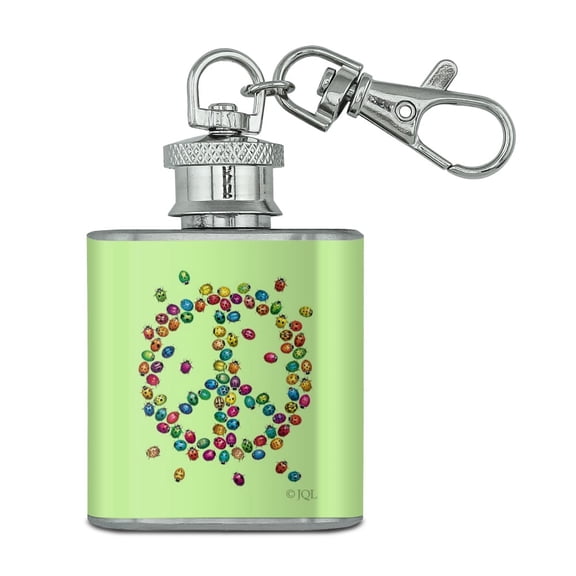 Lady Bug Rainbow Peace Sign Stainless Steel 1oz Mini Flask Key Chain