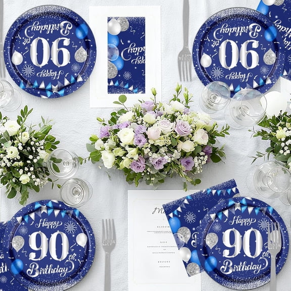 SHILIU-90th Birthday Decorations for Men,61Pcs Blue Silver 90th Birthday Decorations Tableware Include Happy 90th Birthday Plates and Napkins,Tablecloth,Forks for Men 90th Birthday Party Supplies,Ser