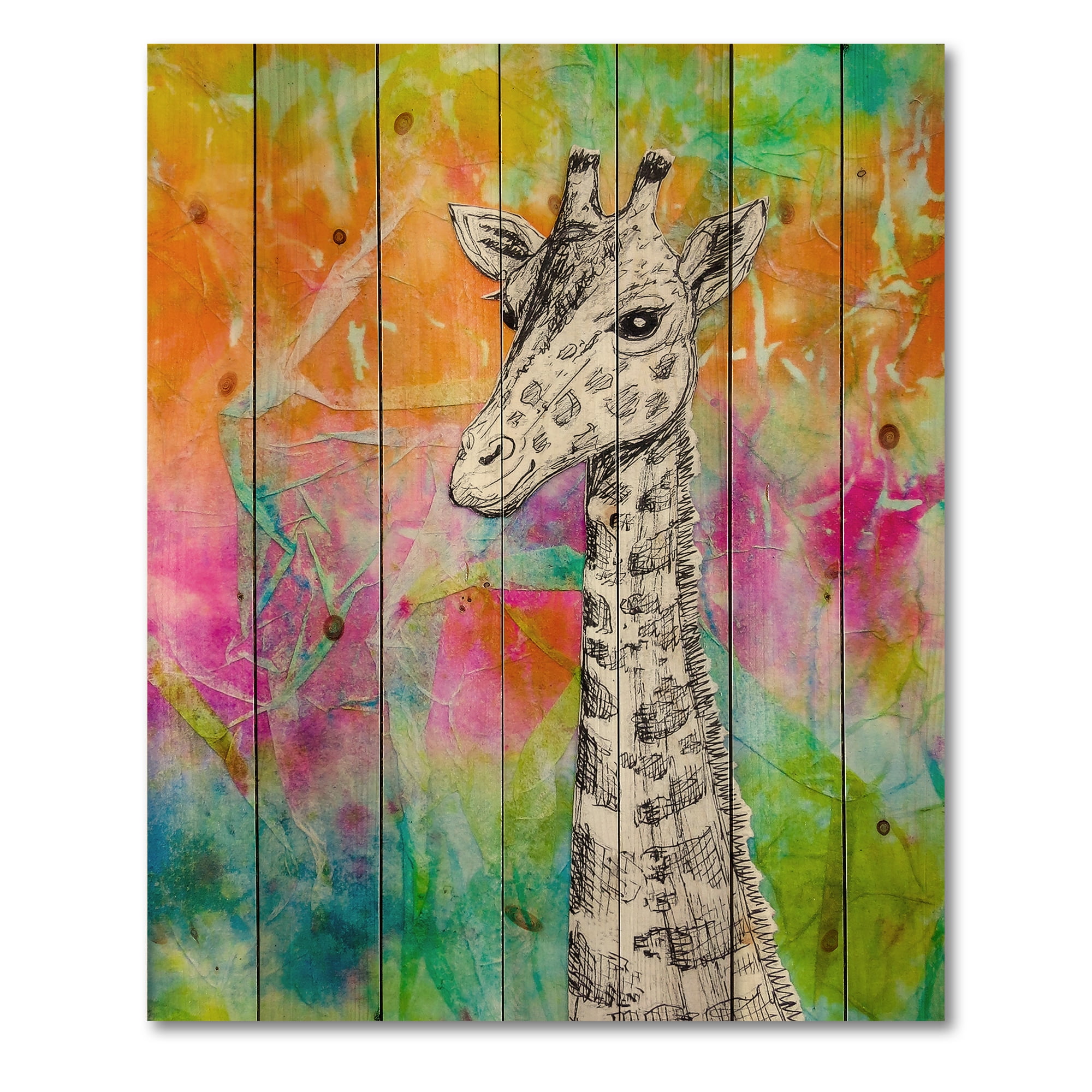 Designart 'Monochrome Giraffe Drawing On Bright Rainbow' Children's Art Print on Natural Pine Wood