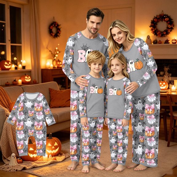 Halloween Family Pajamas Set Long Sleeve Crew Neck, Soft Matching Halloween Pajamas with Moon Pumpkin Ghost Print, Sweet Family Halloween Pajama Set