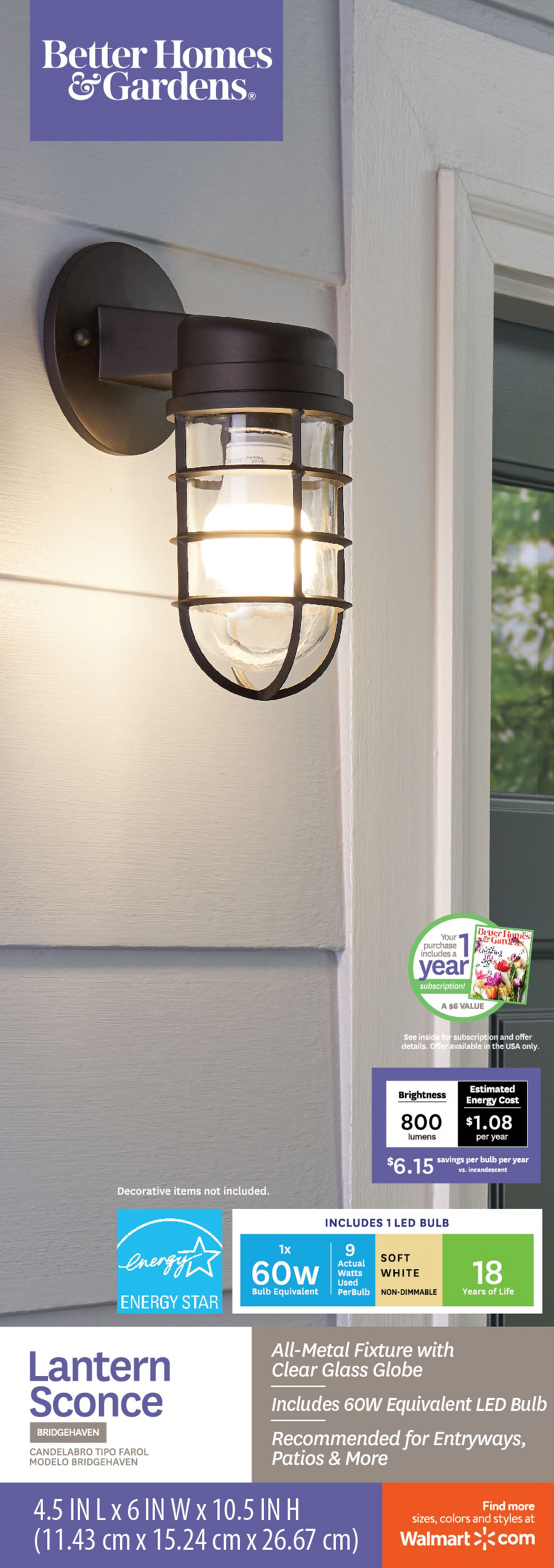 Better Homes & Gardens Oil-Rubbed Bronze Lantern Sconce with LED Bulb